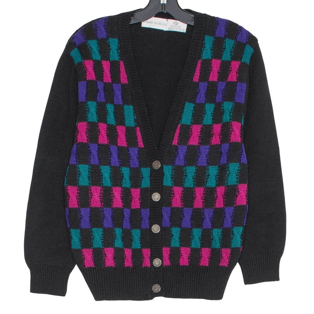 Vintage Cardigan Wool Retro 80s Grandpa Preppy Dark Academia Colorful Black 38 M